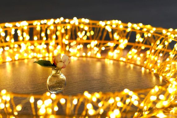 Apfelblüte in einer kleinen Vase im Lichterkranz